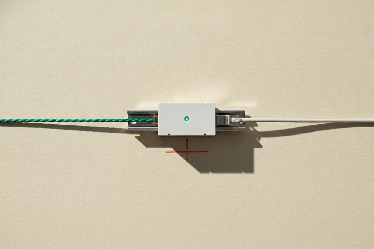 Gateway module on a DIN rail, green bus cable on one side, network cable on the other.