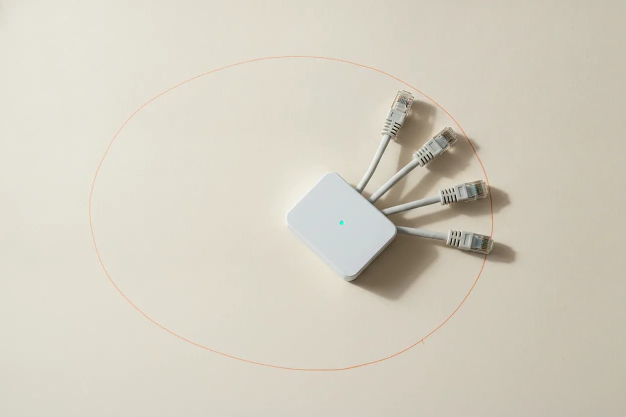 Bridge module laid on paper, four network patch cords fanned out around it.