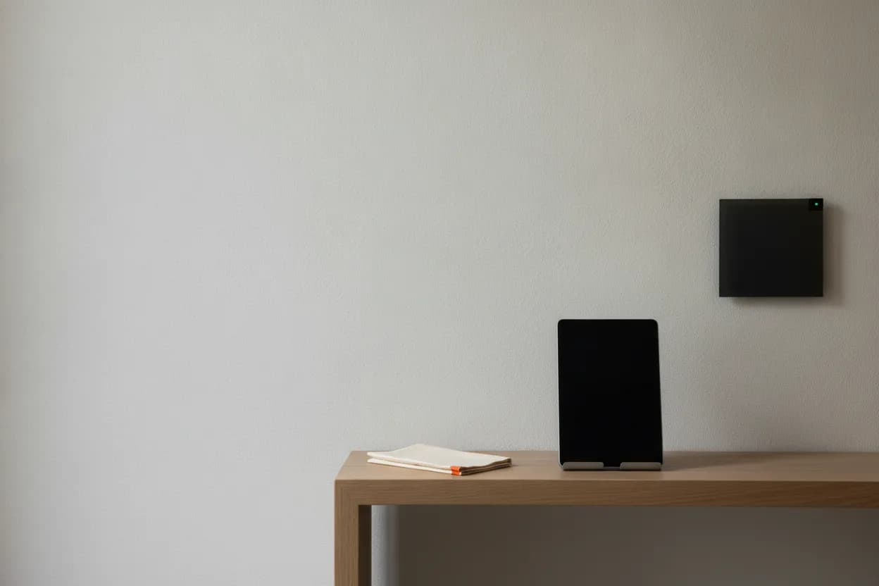 Tablette posée sur une console en chêne, écran éteint, à côté d'un panneau mural affleurant.