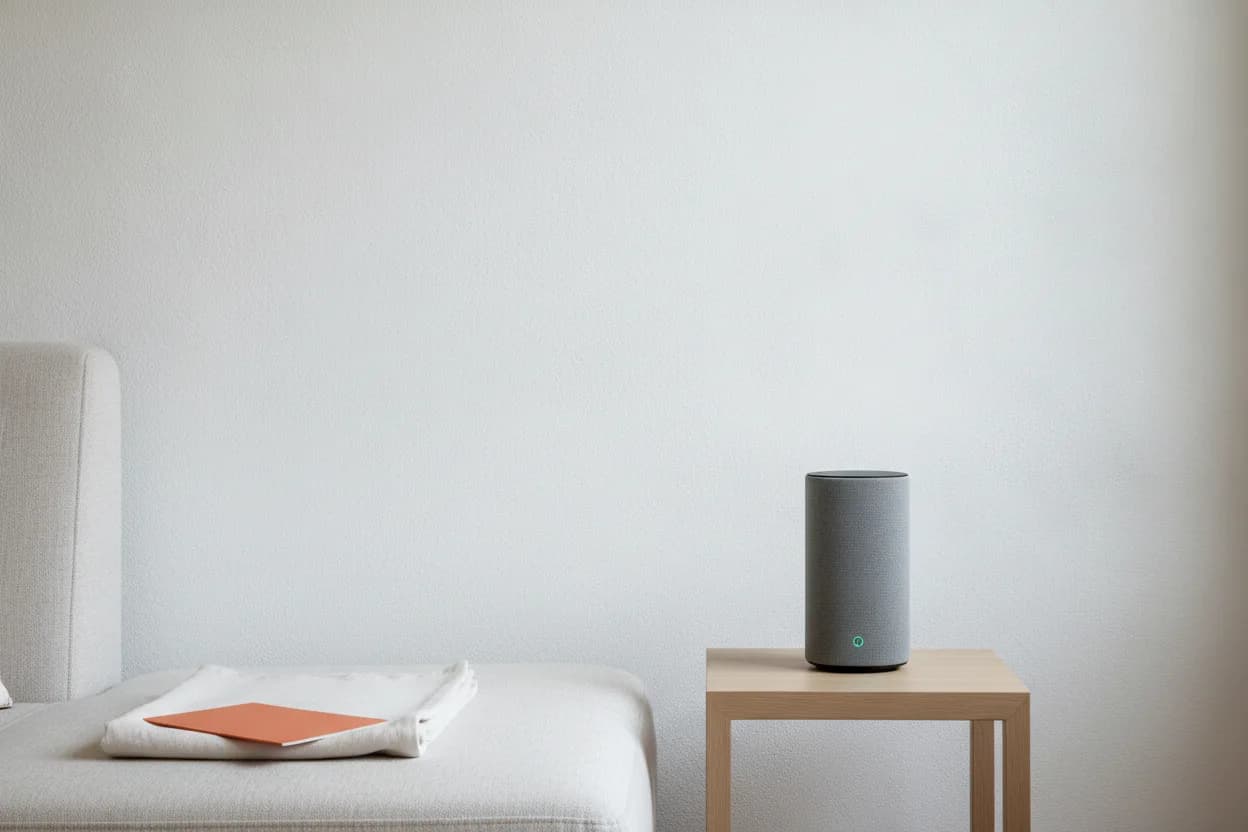 Enceinte vocale posée seule sur une table d'appoint en chêne, voyant d'état allumé.