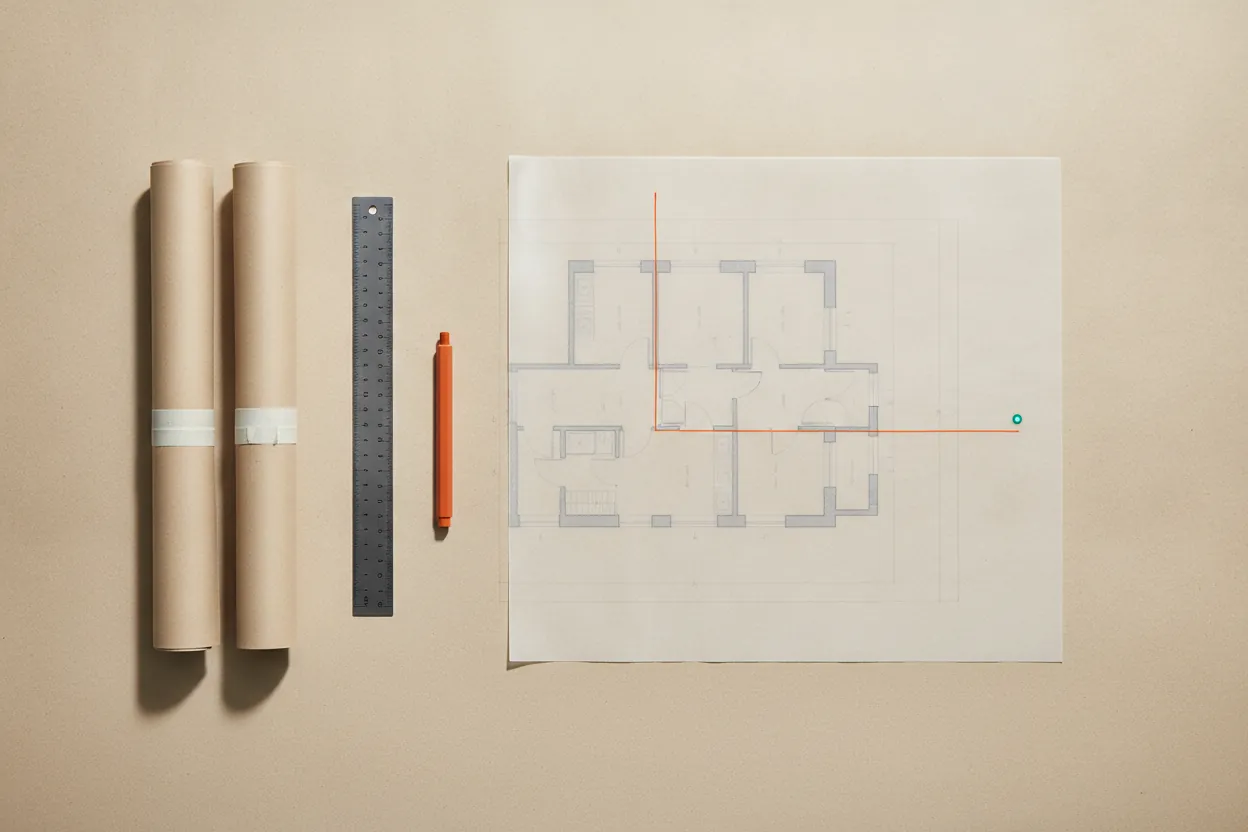 Plan d'architecte annoté avec repères de courants faibles, posé sur une table de travail.