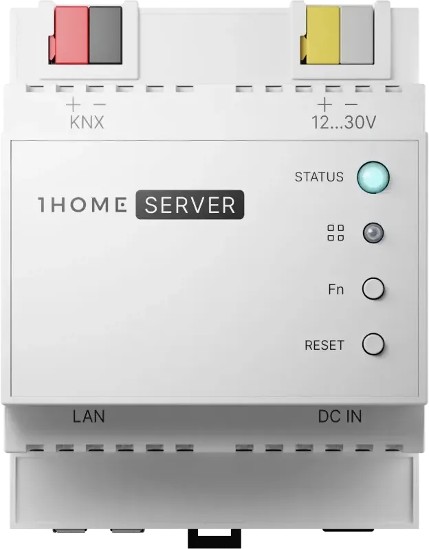 Serveur domotique sur rail DIN, module détouré vu de trois quarts.