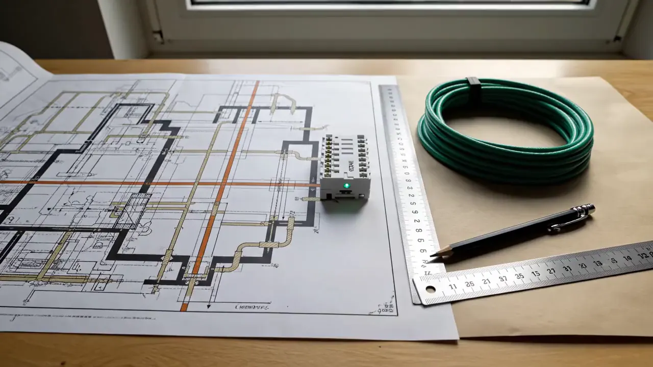 Plan d'installation annoté posé sur un établi, module sur rail, règle et câble de bus.